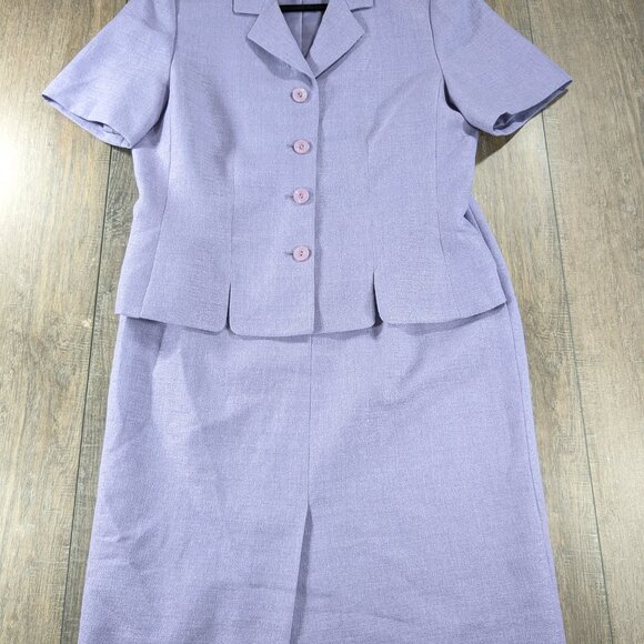 Le Suit Blazer Skirt Set Womens 8 Purple Short Sleeve Button Up Preppy Office - Picture 2 of 13